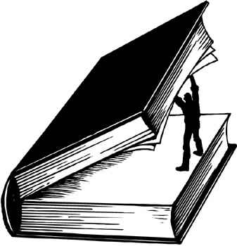 A silhouette drawing of a man opening a gigantic book with his whole body, and looking in.