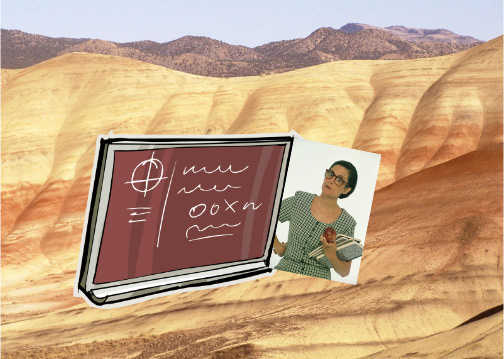 Composed image consisting of a blackboard in a dessert with a picture of a stern teacher beside it.