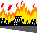 Very small cartoon image of a city on fire.