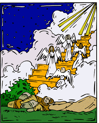 A cartoon depiction of Jacob, his head lying on a stone pillow, dreaming of angels going up and down steps that lead to heaven.