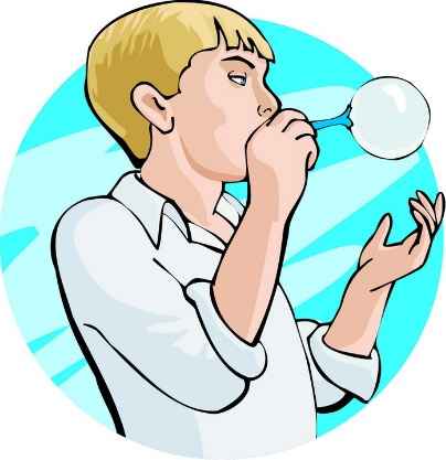 A young boy blowing a bubble from a blue bubble blower device in his lips.