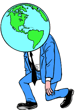 A man with the earth stuck on his head. He is tired and slumping with all the world's weight on his shoulders.