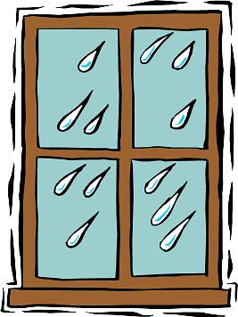 A cartoon window with rain pelting it.