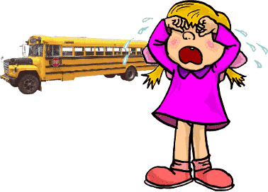 Composed image of a little girl crying and a school bus in the distance--driving away.