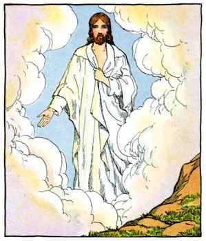 Jesus in His glory, standing in an opening in the clouds.