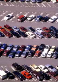 An aerial view of a large parking lot.